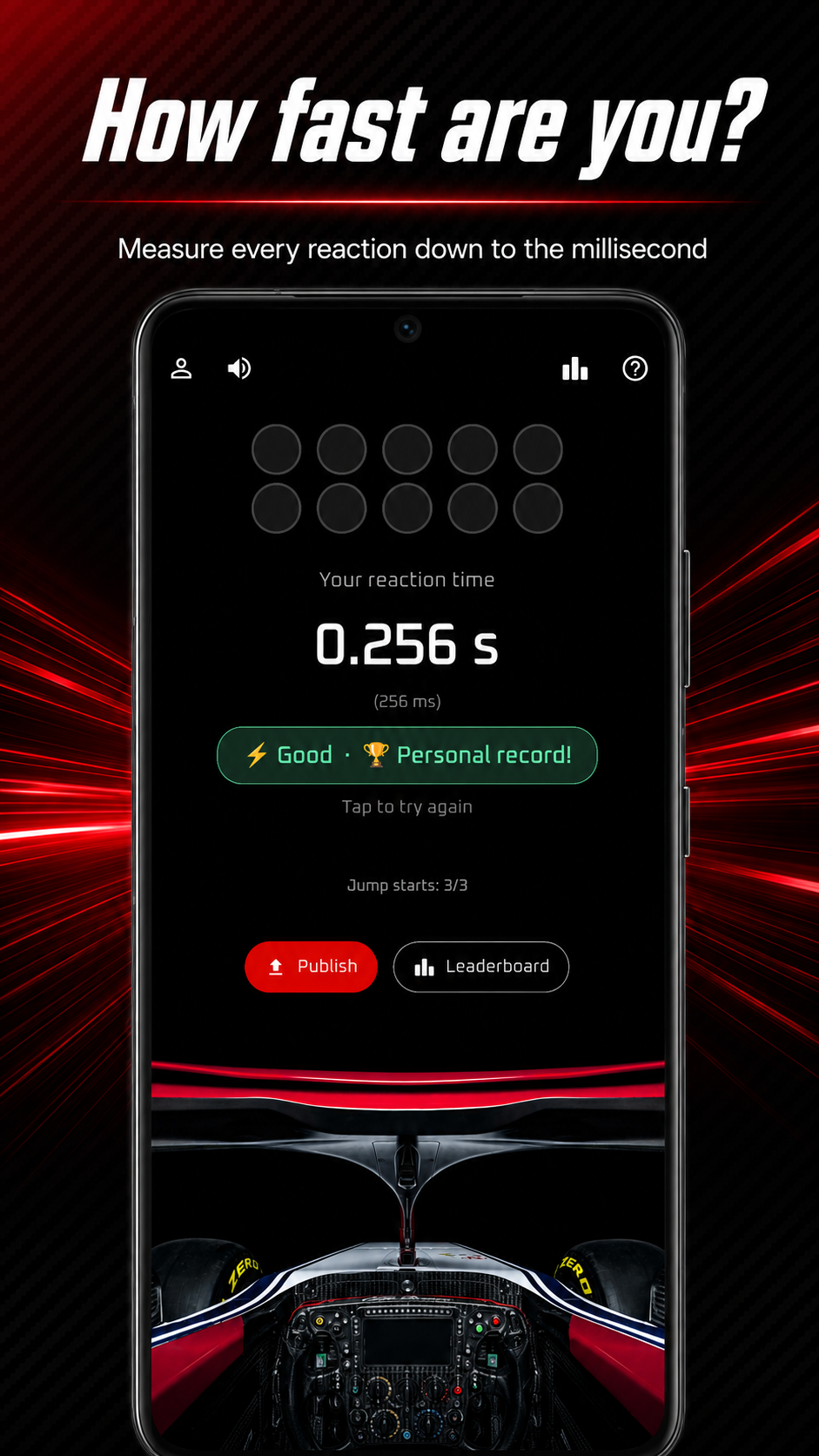 Reaction result in milliseconds with personal-best feedback